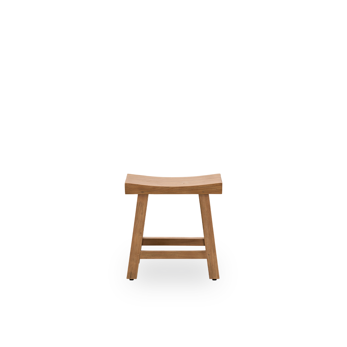Front view of the Charles stool, an elegant stool made from patinated teak crafted from Indonesian Legal Wood, with a rustic finish.