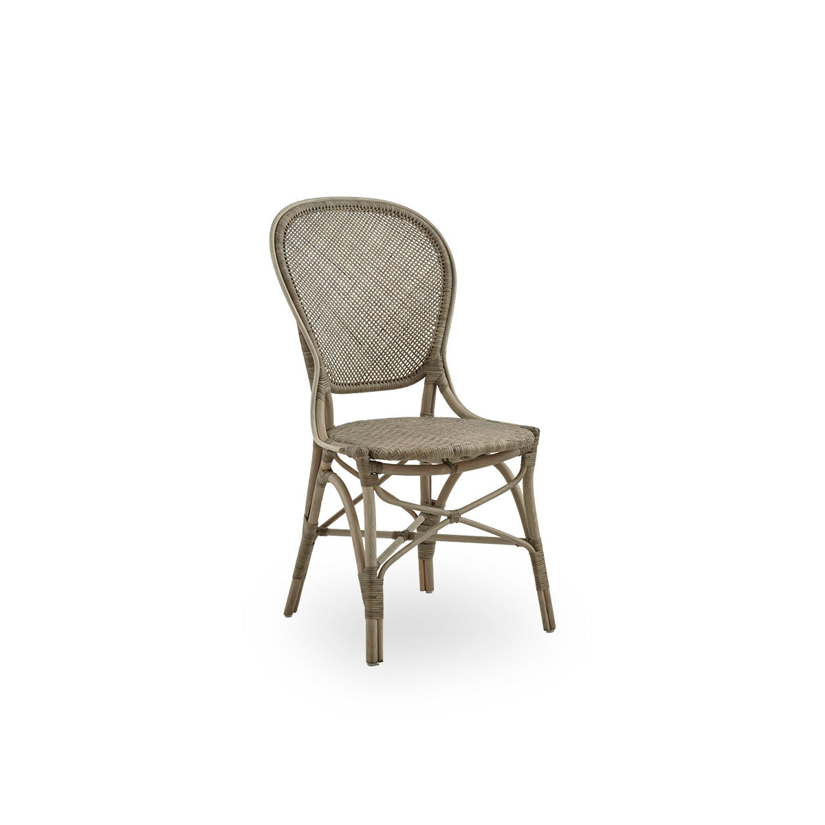 Side view of Rossini dining chair in Taupe color. Elegant wicker chair with round backrest in simple design. Handcrafted from high quality rattan.