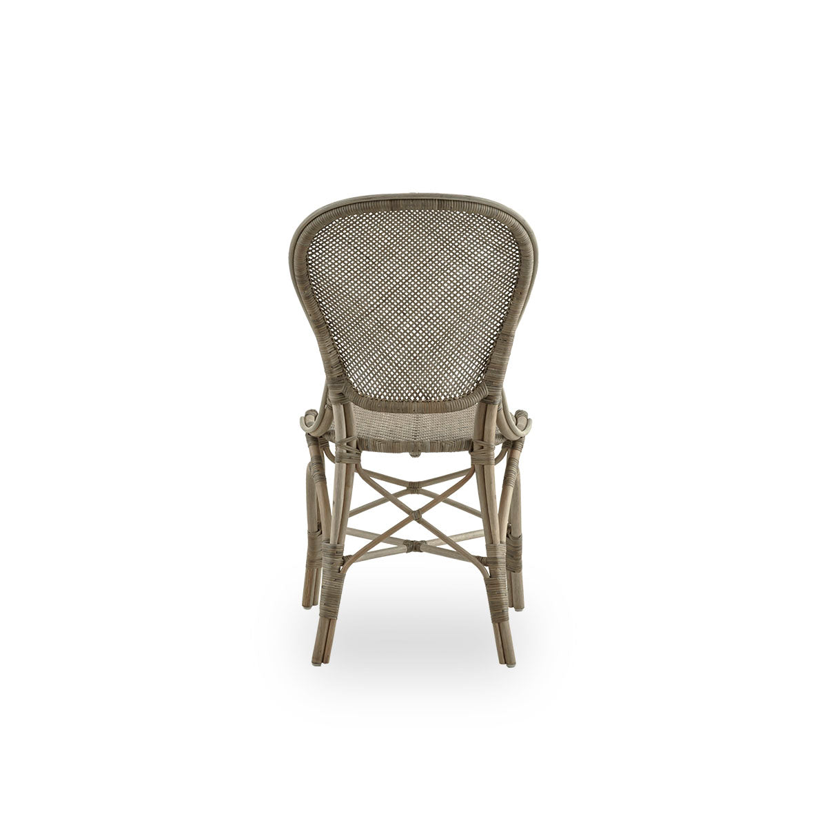 Plain back view of Rossini dining chair in Taupe color. Elegant wicker chair with round backrest in simple design. Handcrafted from high quality rattan.