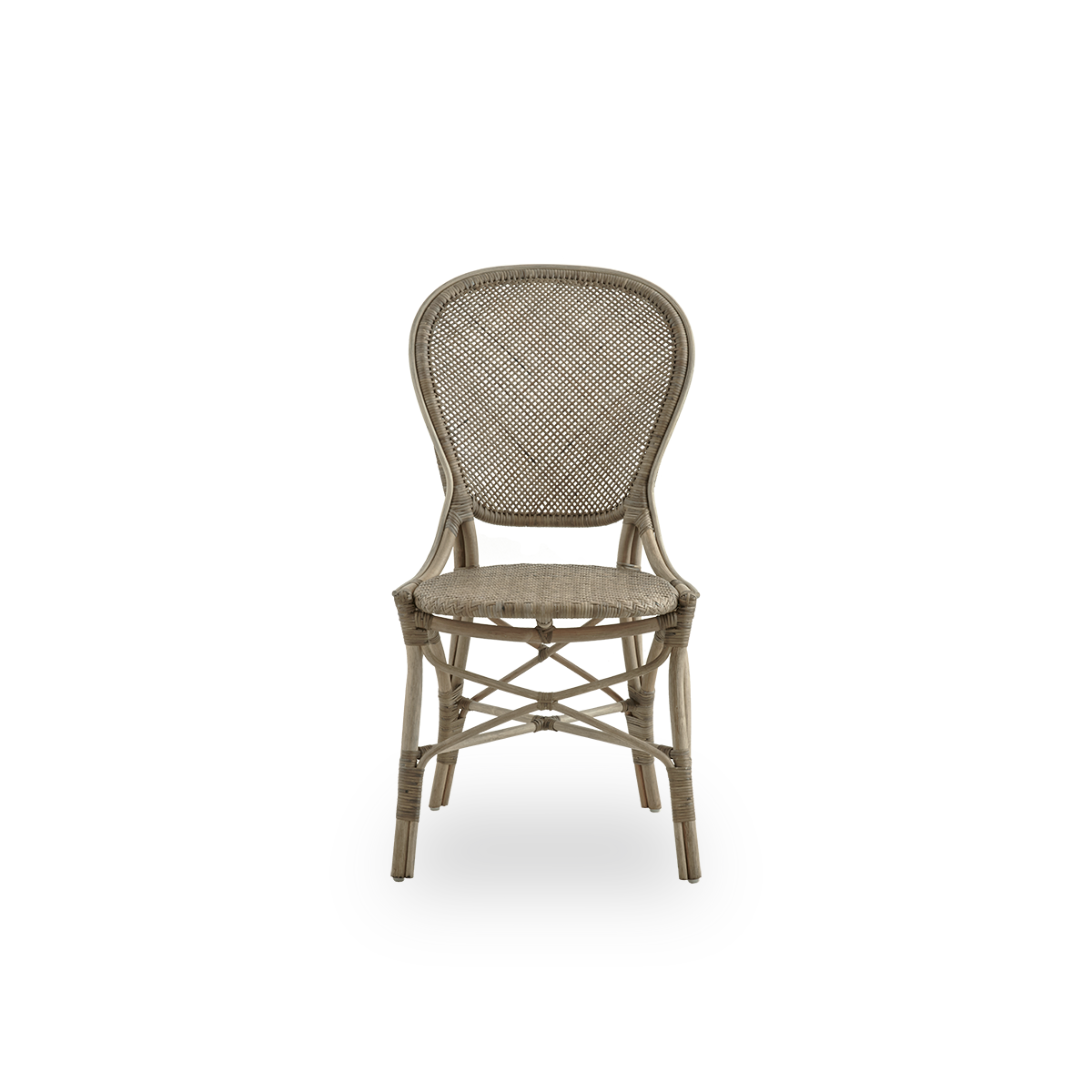 Front view of the Rossini dining chair in taupe color.
Elegant wicker chair with round backrest in a simple design. Handcrafted from high-quality rattan.