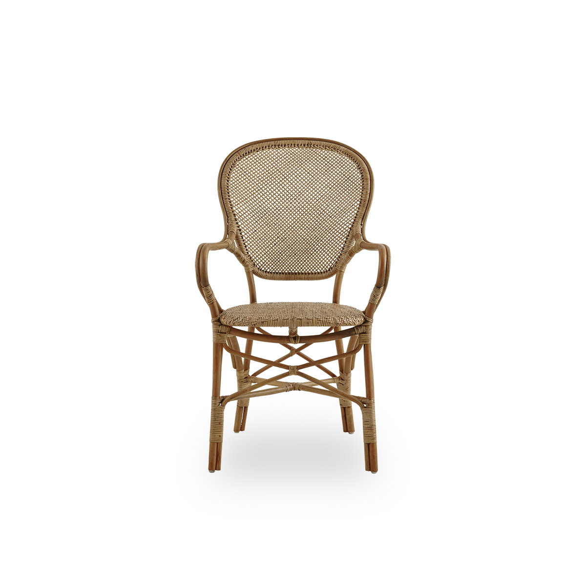 Front view of the Rossini dining armchair in antique brown color.
Elegant wicker chair with round backrest and armrests in a simple design. Handcrafted from high-quality rattan.