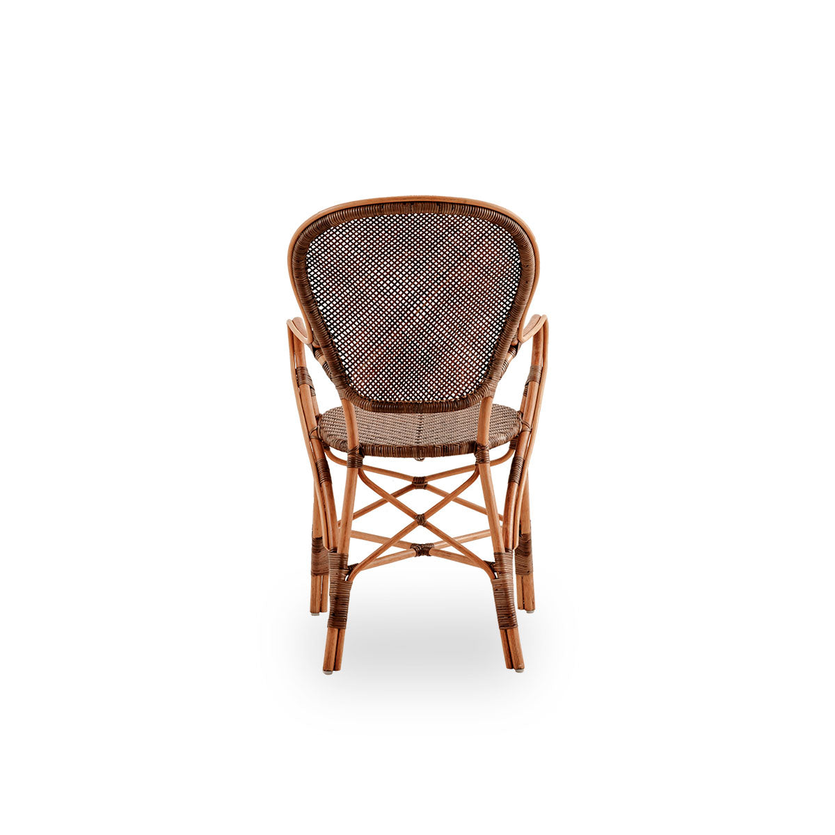 Plain back view of Rossini dining armchair in Cherry color. Elegant wicker chair with round backrest and armrests in simple design. Handcrafted from high quality rattan.
