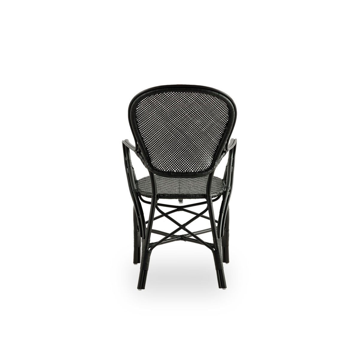 Plain back view of Rossini dining armchair in black color. Elegant wicker chair with round backrest and armrests in simple design. Handcrafted from high quality rattan.