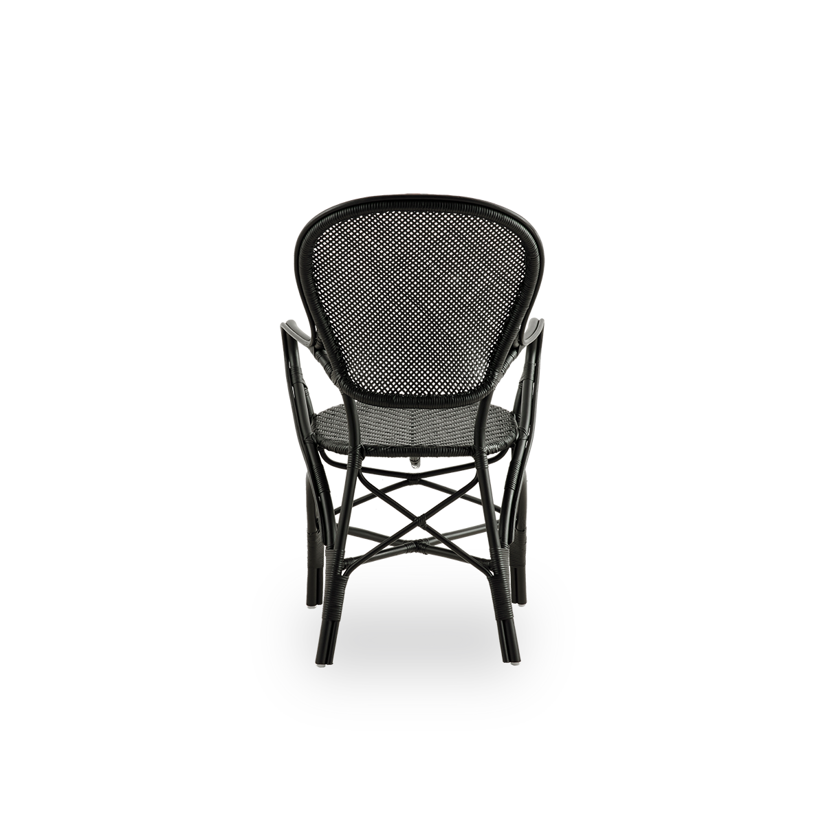 Plain back view of Rossini dining armchair in black color. Elegant wicker chair with round backrest and armrests in simple design. Handcrafted from high quality rattan.