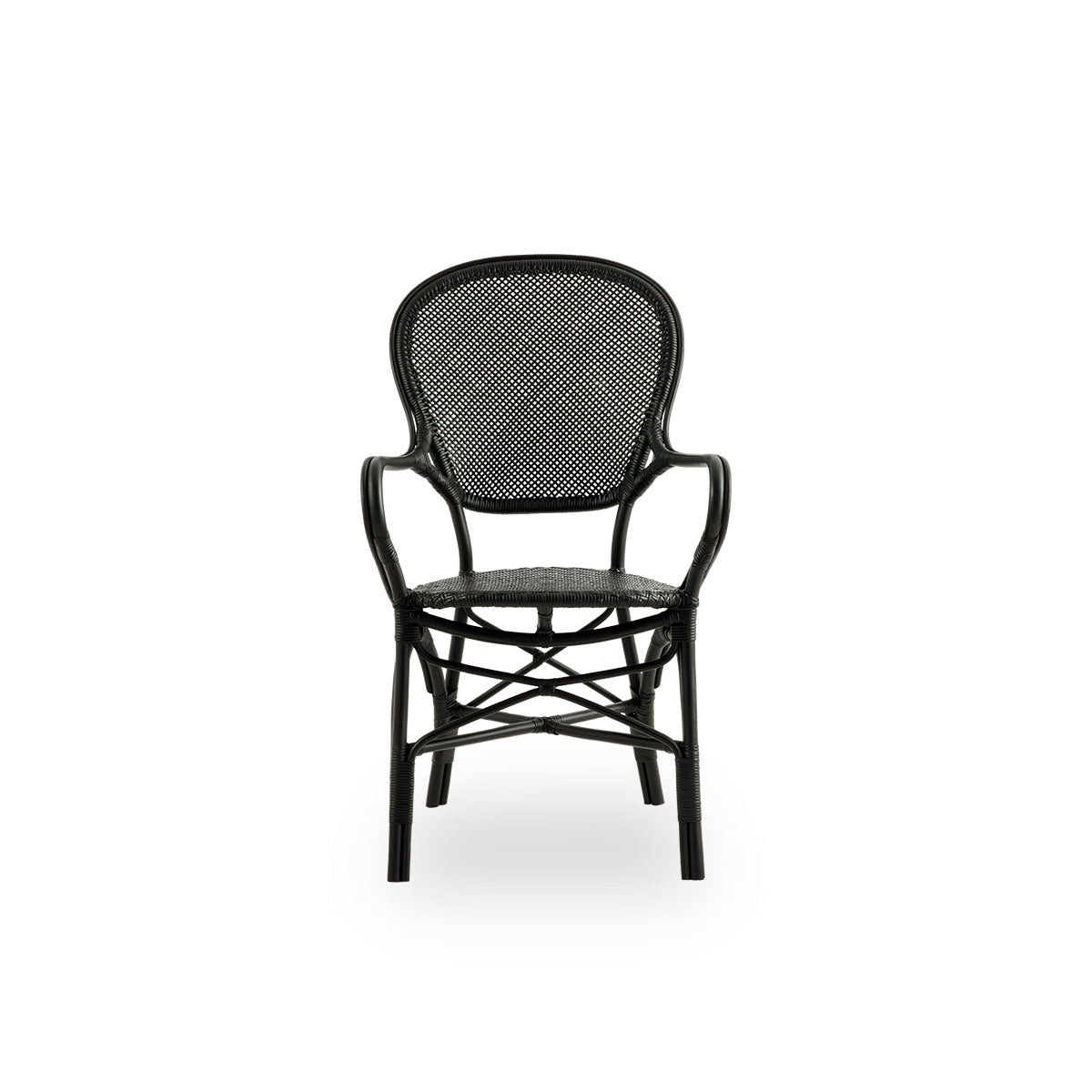 Front view of the Rossini dining armchair in black color.
Elegant wicker chair with round backrest and armrests in a simple design. Handcrafted from high-quality rattan.