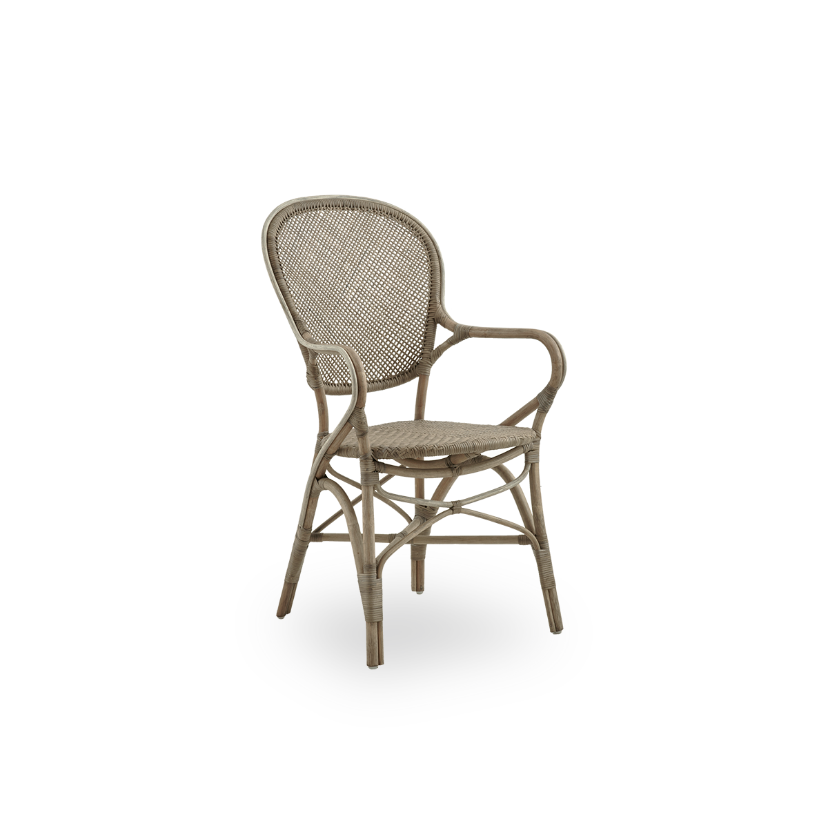Side view of Rossini dining armchair in Taupe color. Elegant wicker chair with round backrest and armrests in simple design. Handcrafted from high quality rattan.