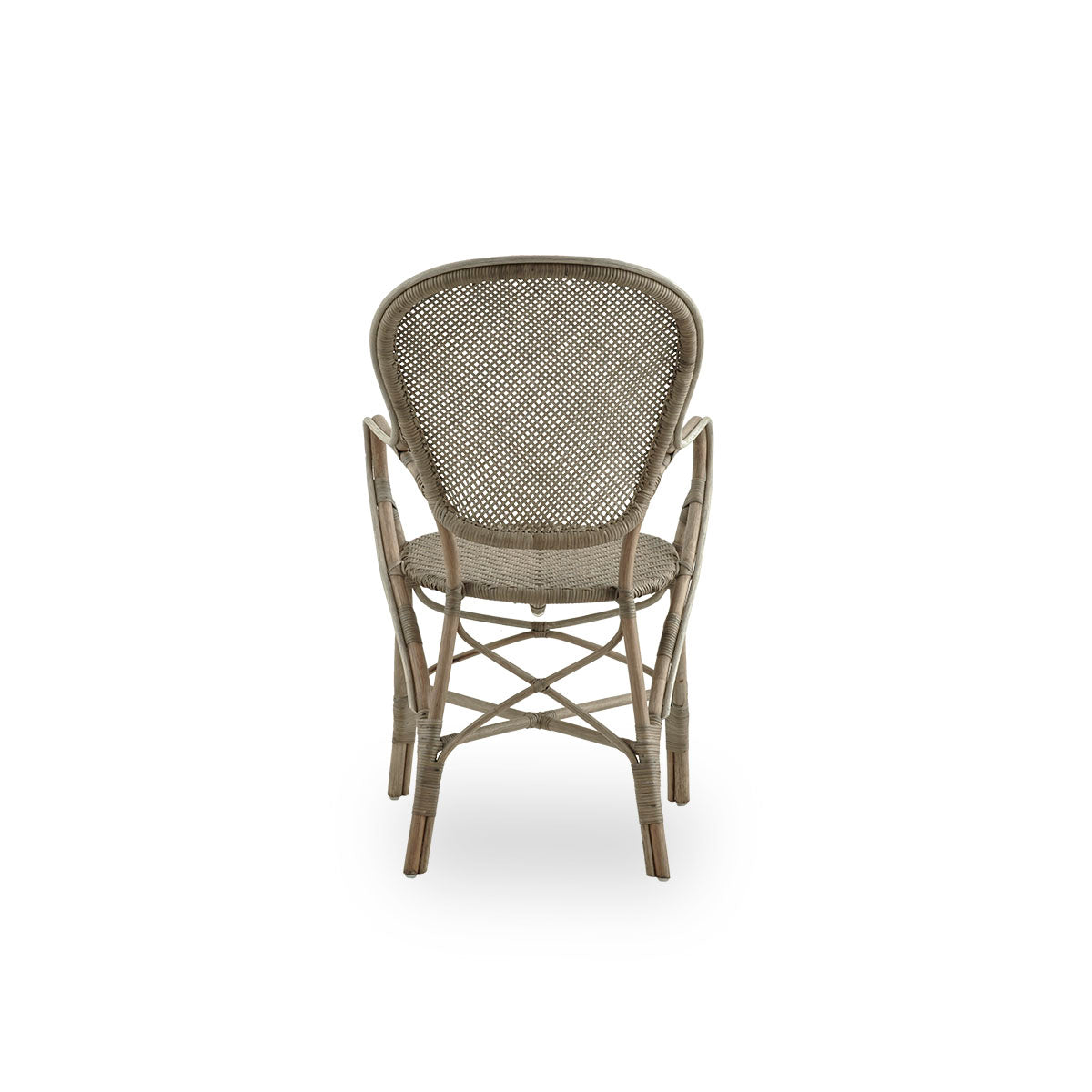 Plain back view of Rossini dining armchair in Taupe color. Elegant wicker chair with round backrest and armrests in simple design. Handcrafted from high quality rattan.