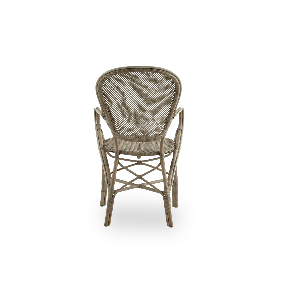 Plain back view of Rossini dining armchair in Taupe color. Elegant wicker chair with round backrest and armrests in simple design. Handcrafted from high quality rattan.