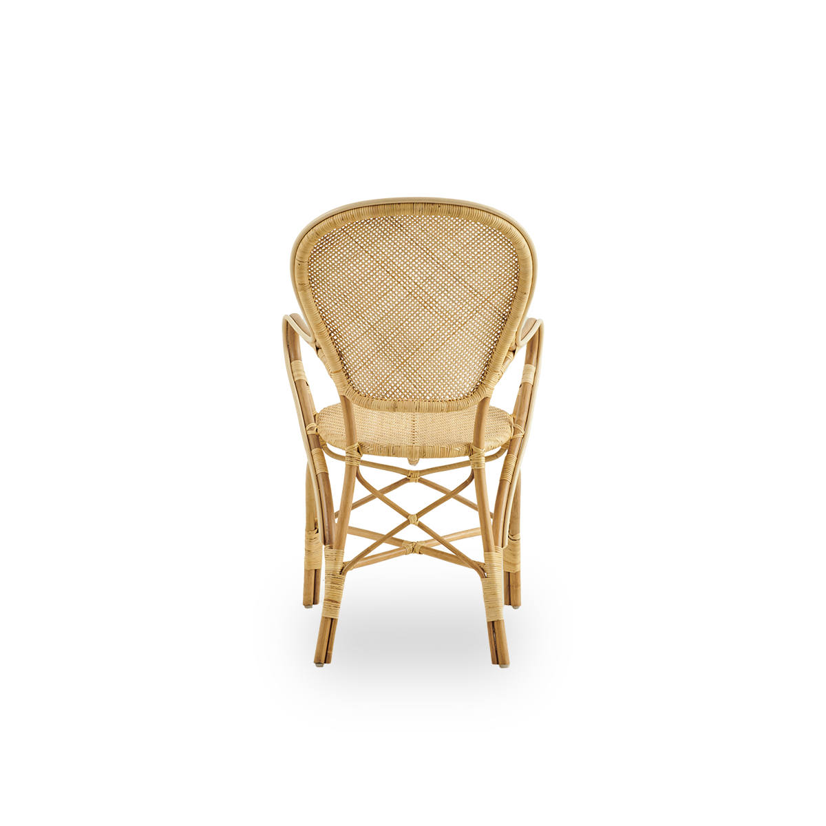 Plain back view of Rossini dining armchair made in natural rattan. Elegant wicker chair with round backrest and armrests in simple design. Handcrafted from high quality rattan.