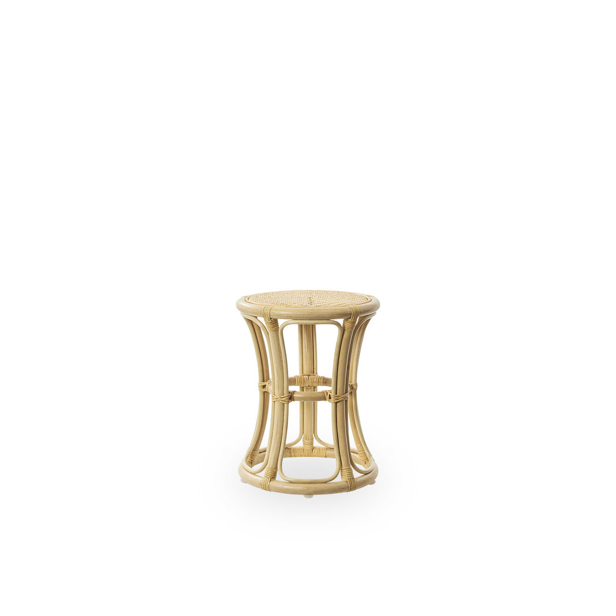 Side view of Bella stool, a versatile stool in natural rattan, handcrafted in indonesian high quality rattan