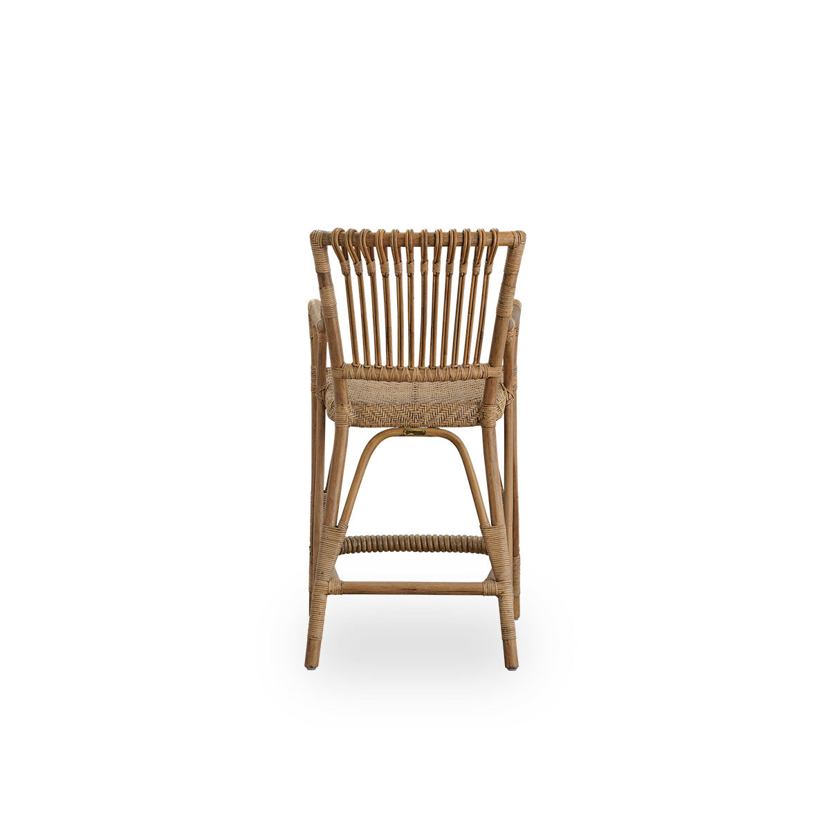 Plain back view of Blues Counter stool in antique brown color made of Indonesian rattan. Handwoven seat on a rattan frame with rattan back rest.