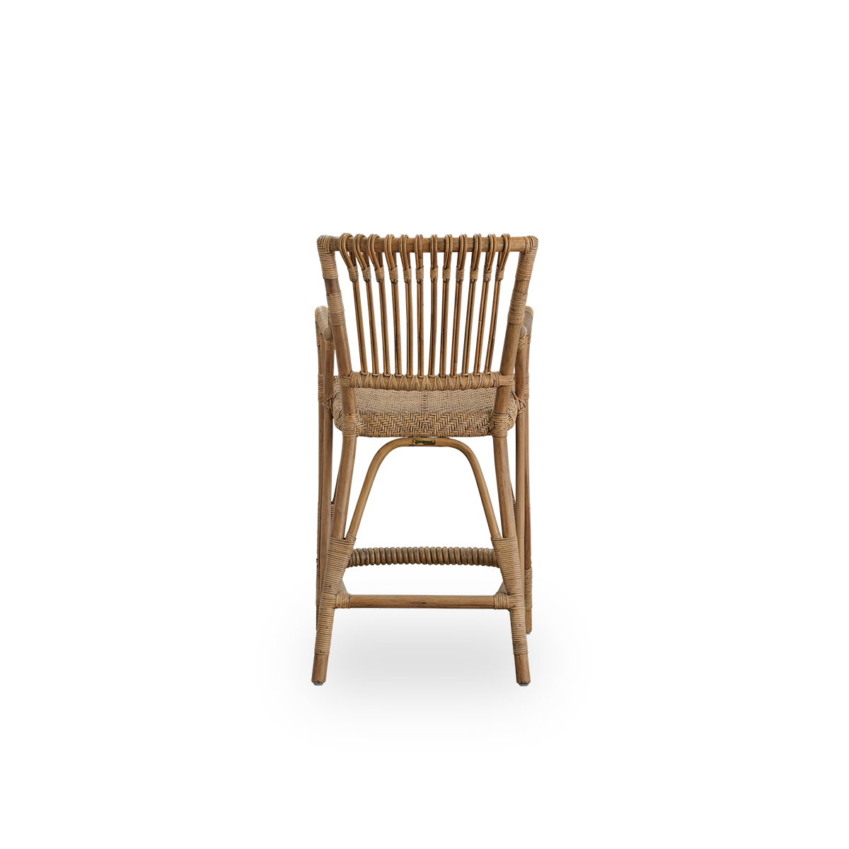 Plain back view of Blues Counter stool in antique brown color made of Indonesian rattan. Handwoven seat on a rattan frame with rattan back rest.
