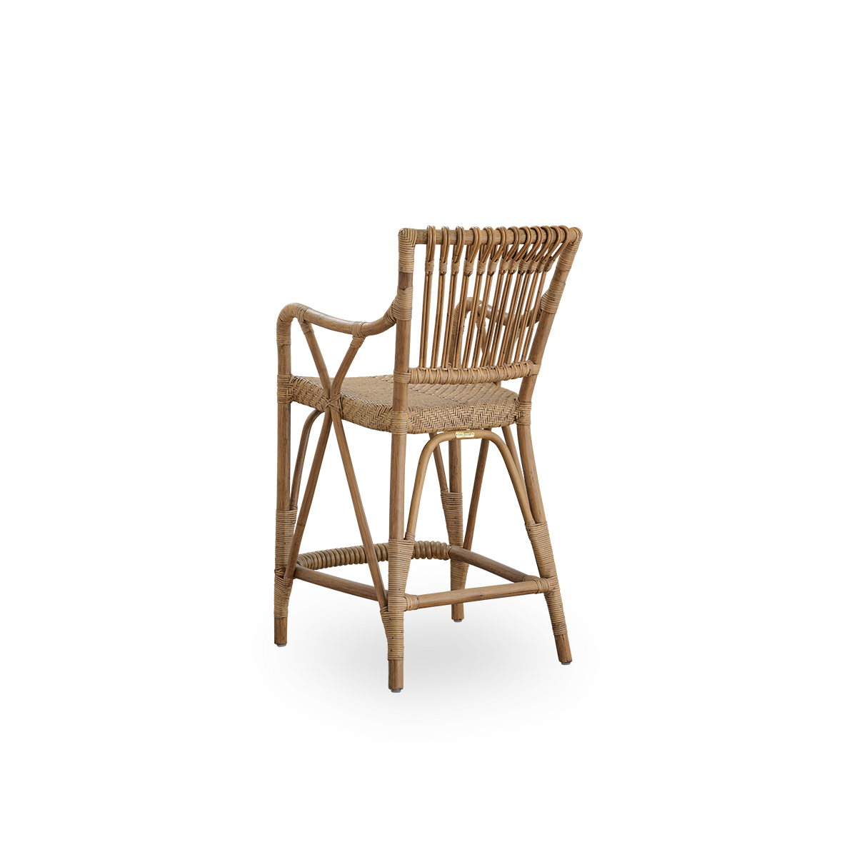Back side view of Blues counter stool in antique brown color made of Indonesian rattan. Handwoven seat on a rattan frame with rattan backrest.