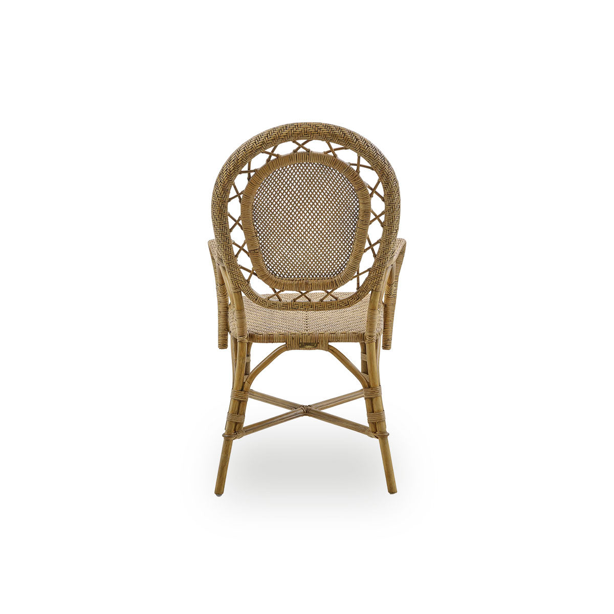 Plain back view of Romantica dining chair in Antique brown color. Elegant, romantic wicker dining chair with round backrest and fully woven seat in charming Danish design. Handcrafted from high-quality Indonesian rattan.