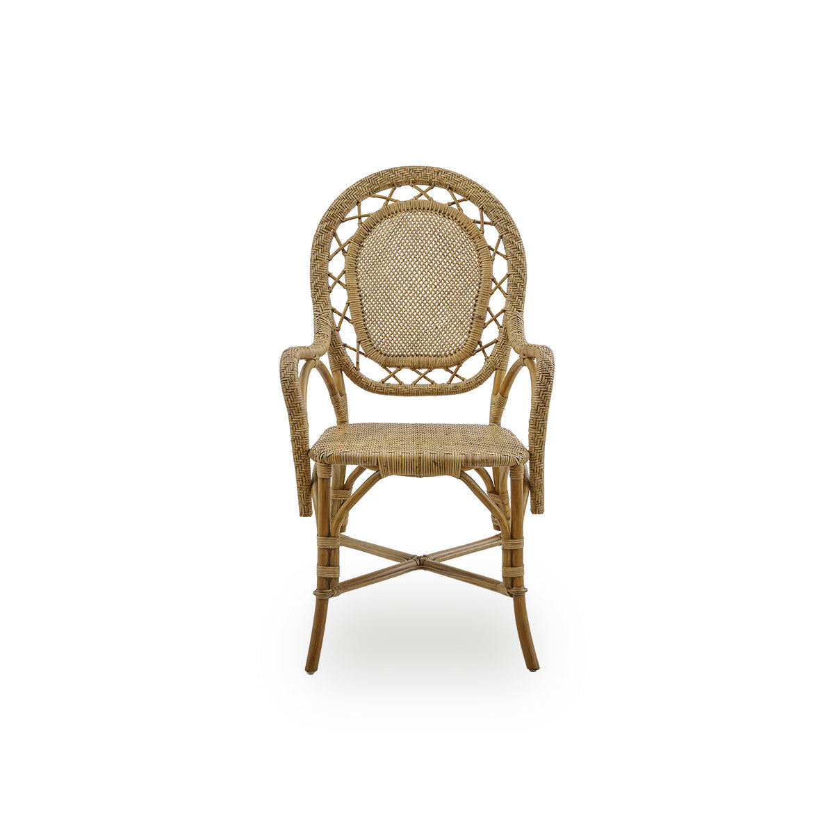 Front view of the Romantica dining chair in antique brown color.
Elegant, romantic wicker dining chair with round backrest and fully woven seat in charming Danish design. Handcrafted from high-quality Indonesian rattan.