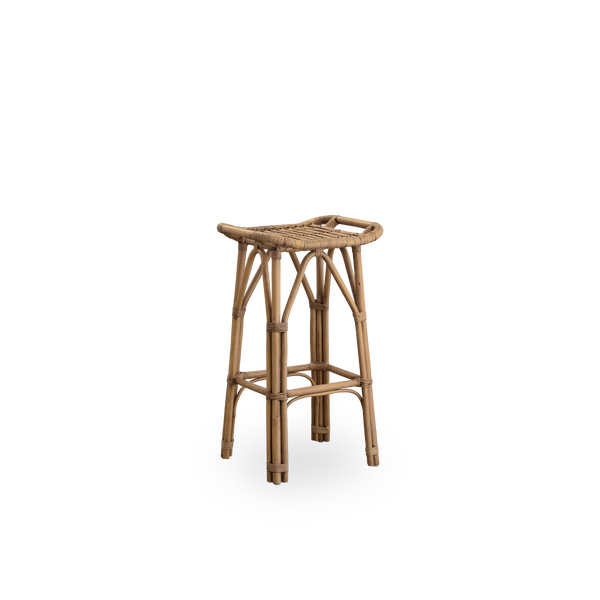 Side view of Salsa rattan barstool with footrest and curved seat. Handcrafted from high-quality Indonesian rattan. Height 79 cm.