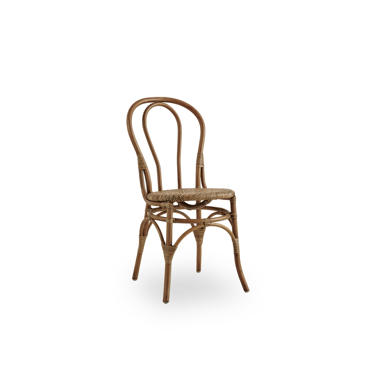 Side view of Lulu dining chair in Antique brown color, handcrafted from high-quality Indonesian rattan. Lightweight, elegant design with round simple backrest.