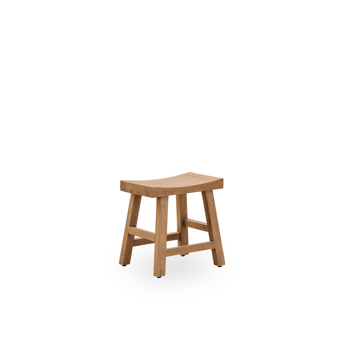 Side view of the Charles stool, an elegant stool made from patinated teak crafted from Indonesian legal wood, with a rustic finish.