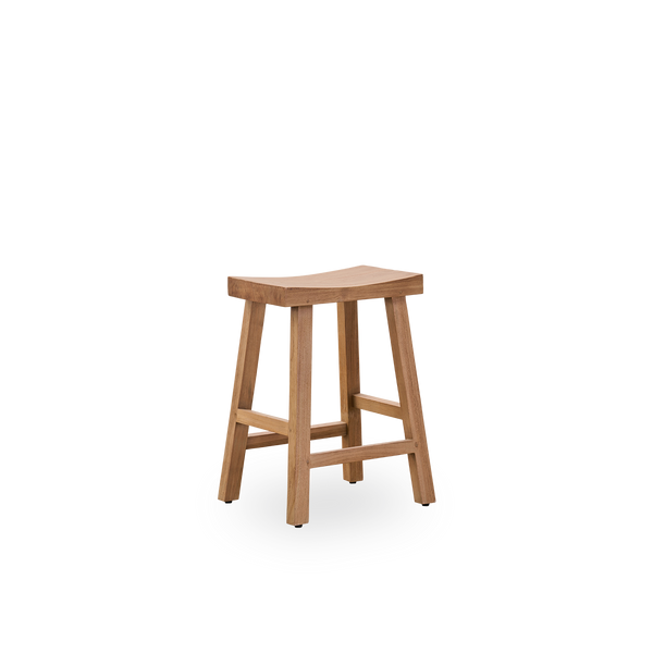 Side view of the Charles counter stool, an elegant stool made from patinated teak crafted from Indonesian legal wood, with a rustic finish.