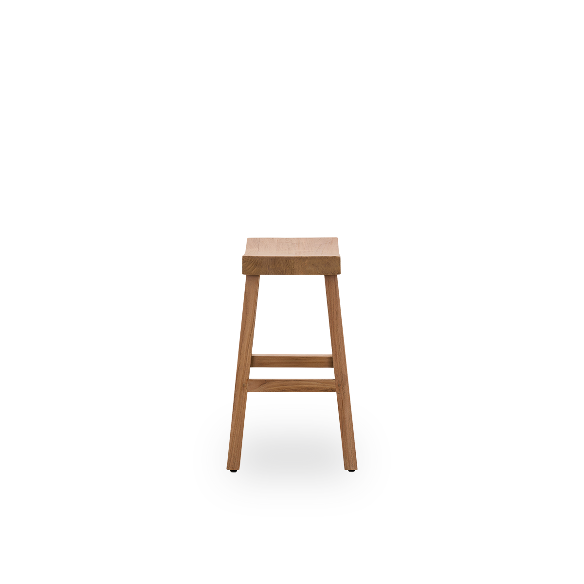 Plain side view of the Charles counter stool, an elegant stool made from patinated teak crafted from Indonesian legal wood, with a rustic finish.