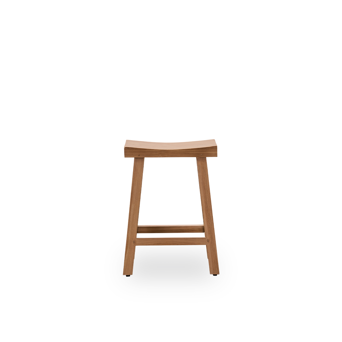 Front view of the Charles counter stool, an elegant stool made from patinated teak crafted from Indonesian Legal Wood, with a rustic finish.