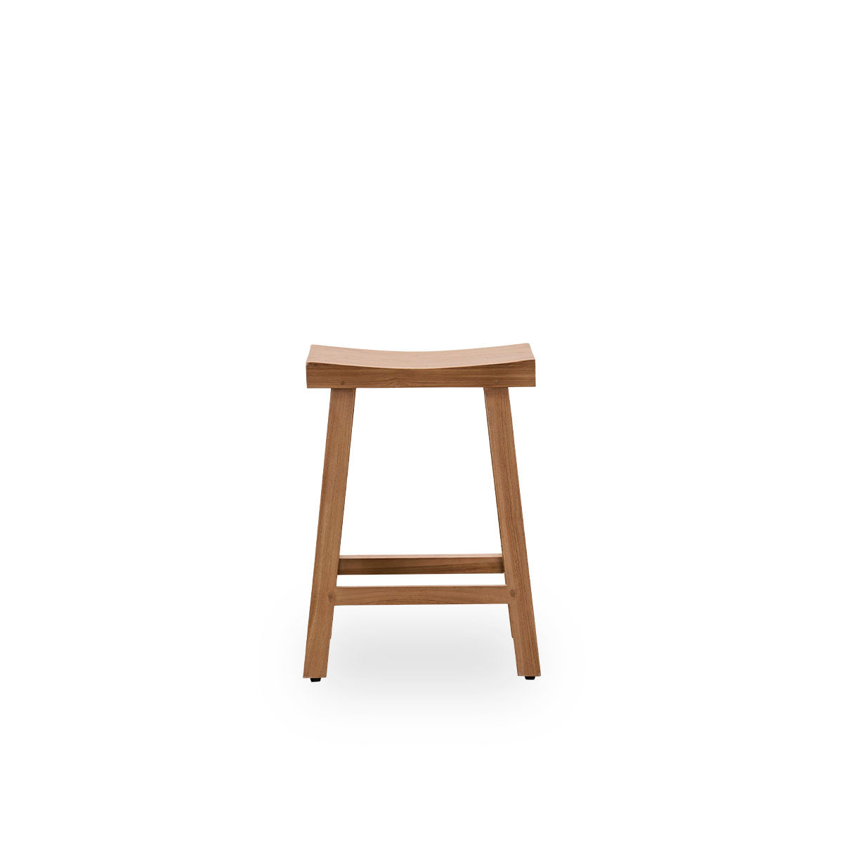 Front view of the Charles counter stool, an elegant stool made from patinated teak crafted from Indonesian Legal Wood, with a rustic finish.