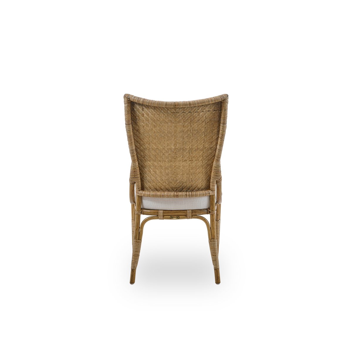 Plain back view of Melody dining chair in Antique rattan color with high fully woven rattan backrest and upholstery seat.