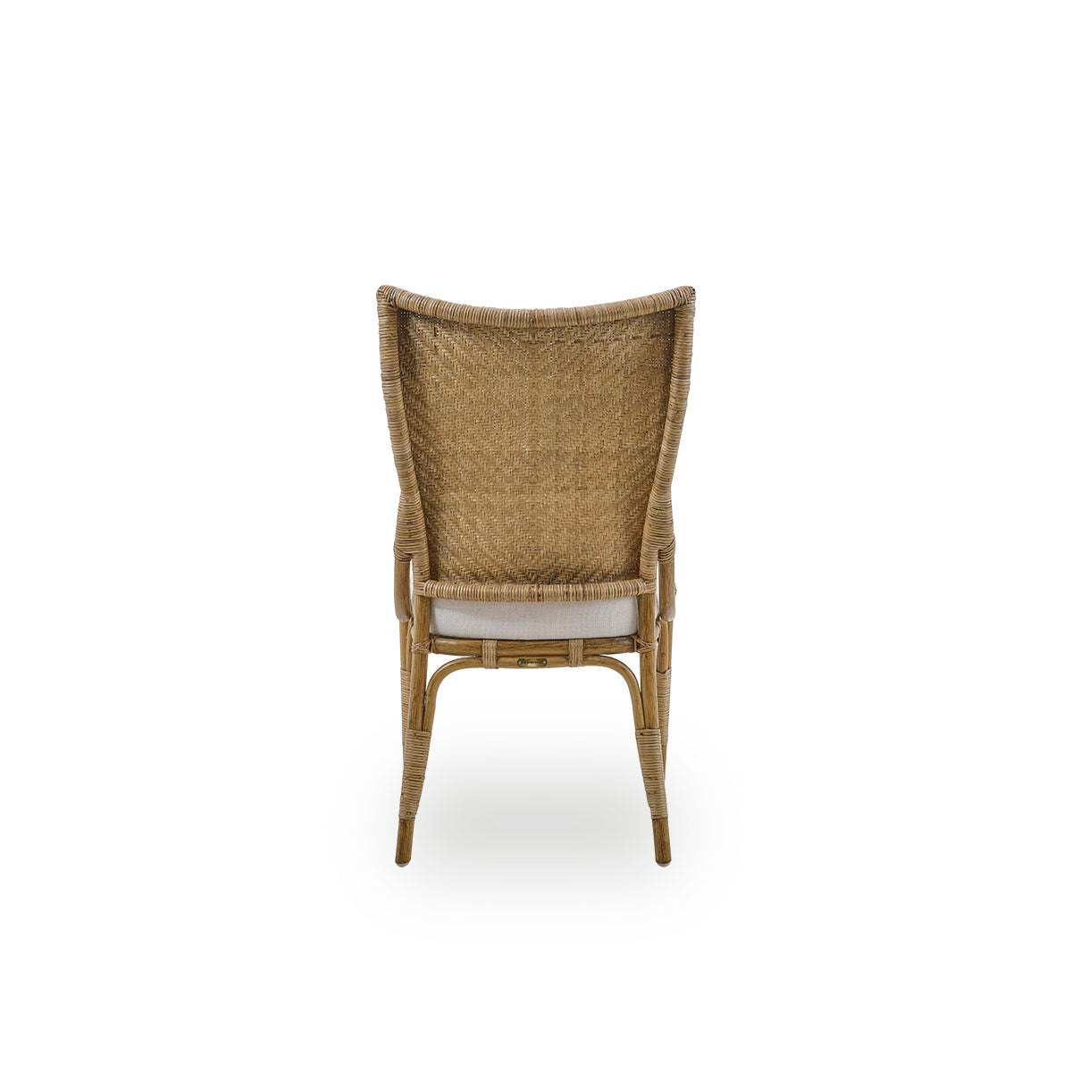 Plain back view of Melody dining chair in Antique rattan color with high fully woven rattan backrest and upholstery seat.