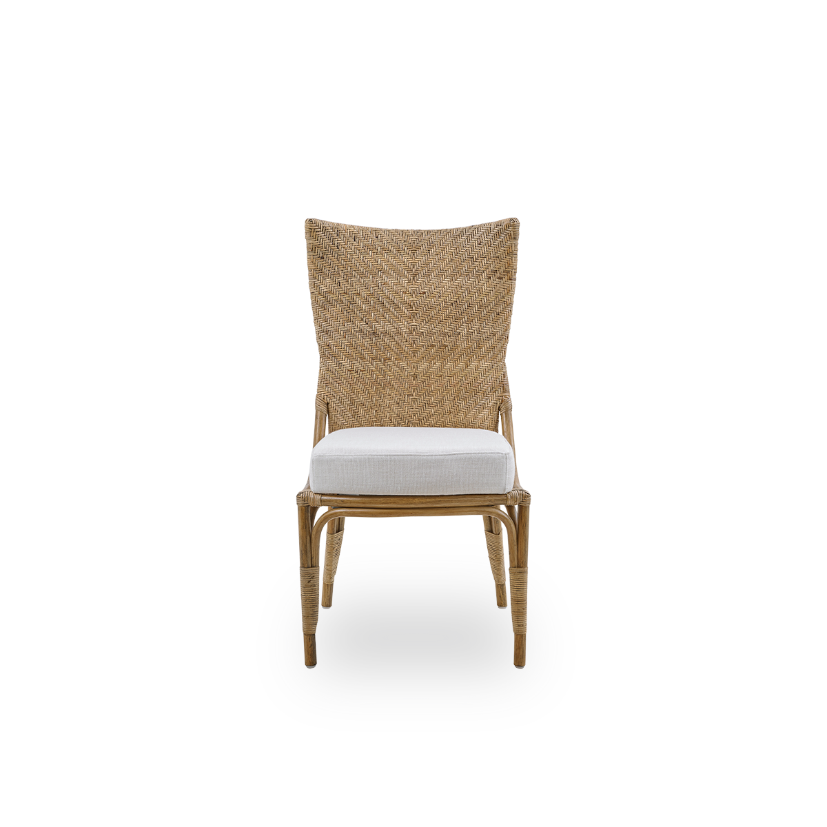 Front view of the Melody dining chair in antique rattan color with a high fully woven rattan backrest and upholstered seat.