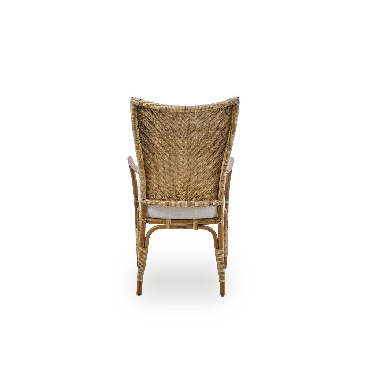 Plain back view of Melody dining armchair in Antique rattan color with high fully woven rattan backrest and upholstery seat.