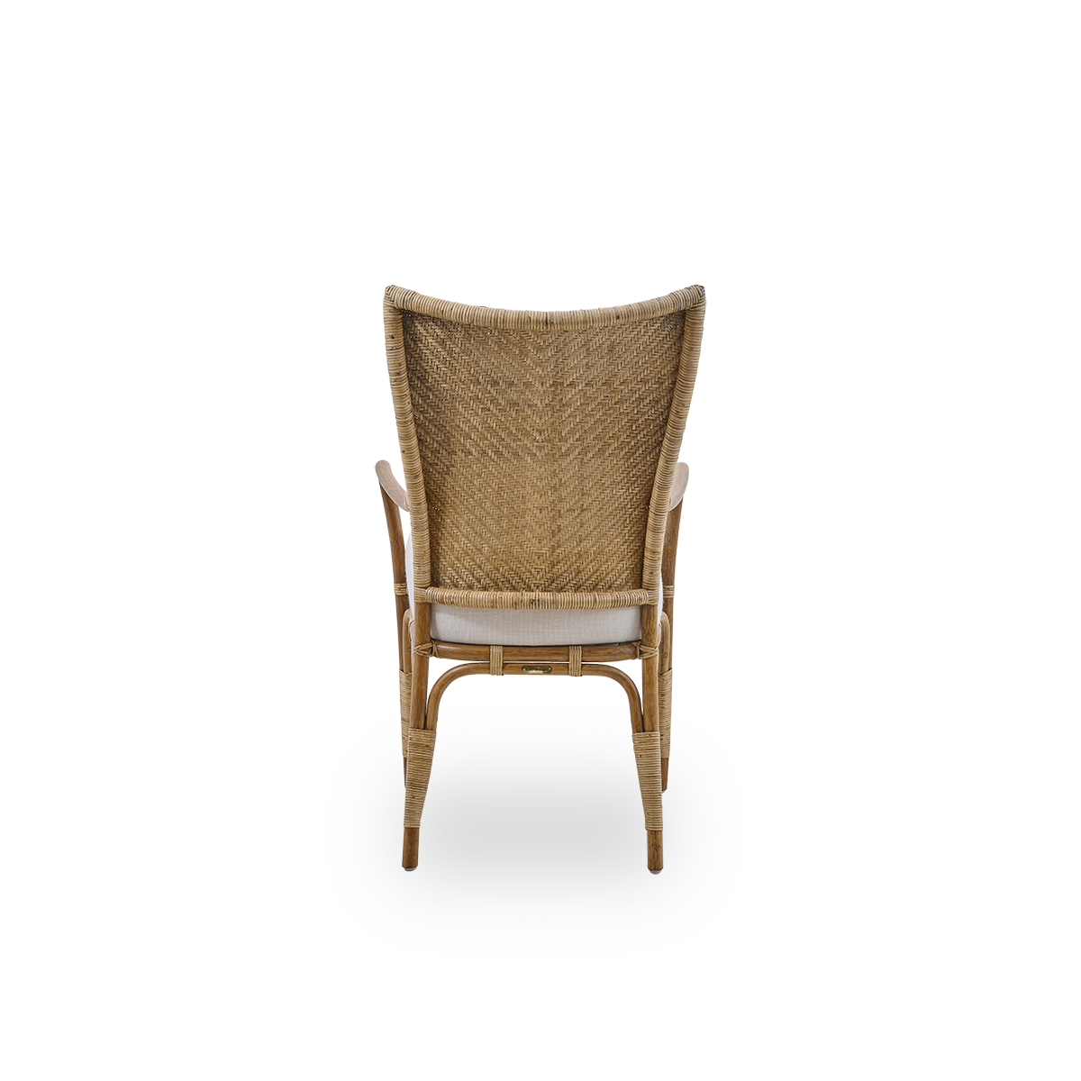 Plain back view of Melody dining armchair in Antique rattan color with high fully woven rattan backrest and upholstery seat.