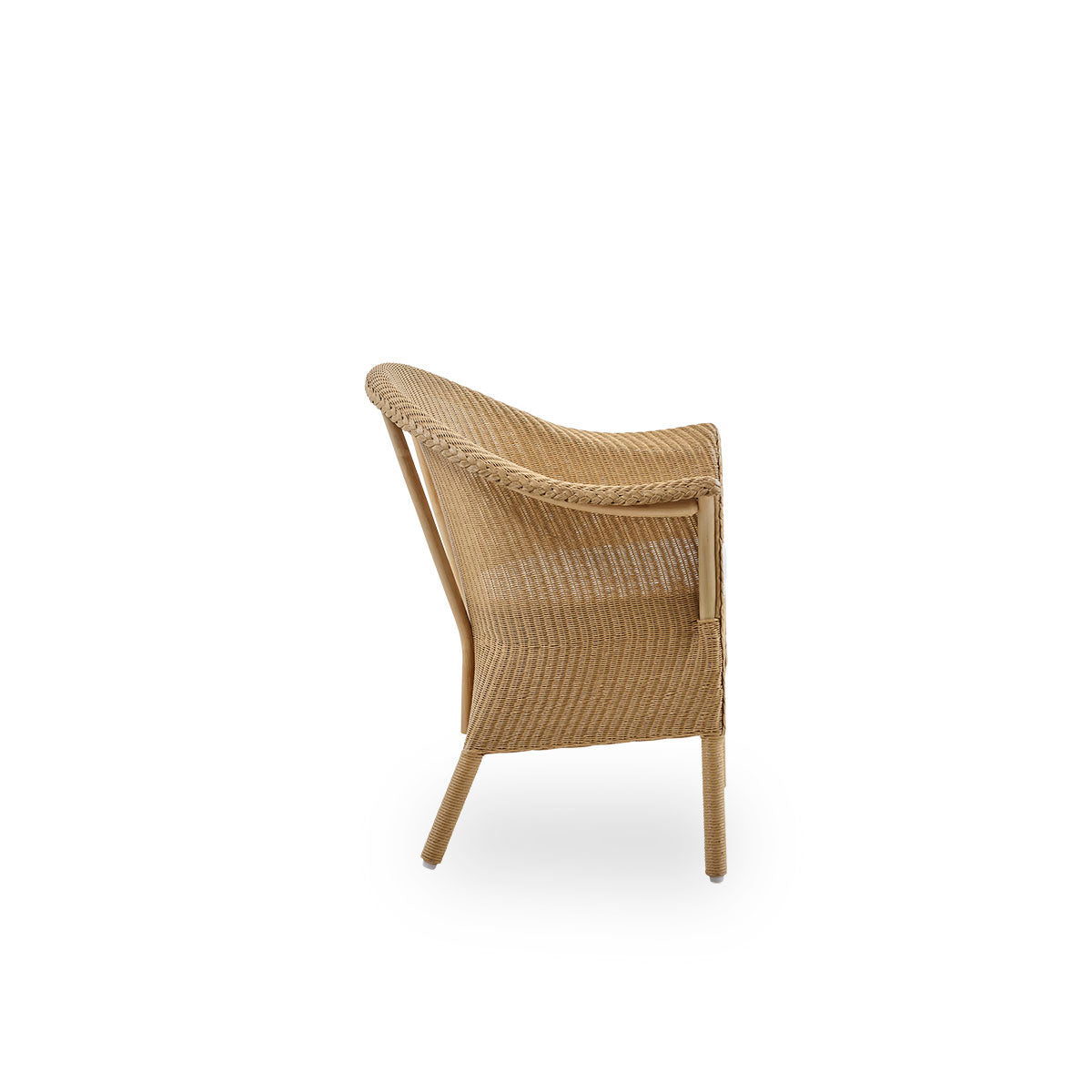 Plain side view of Classic dining chair, a fully woven wicker dining chair handcrafted in Lloyd Loom material. The Classic chair features armrests and a high backrest for extra comfort and support.