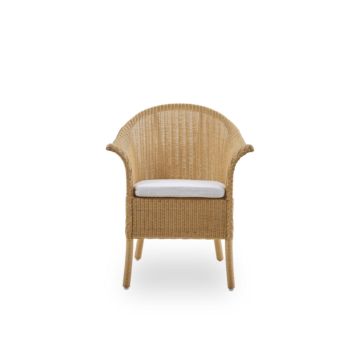 Front view of the Classic dining chair, a fully woven wicker dining chair handcrafted in Lloyd Loom material. The Classic chair features armrests and a high backrest for extra comfort and support.