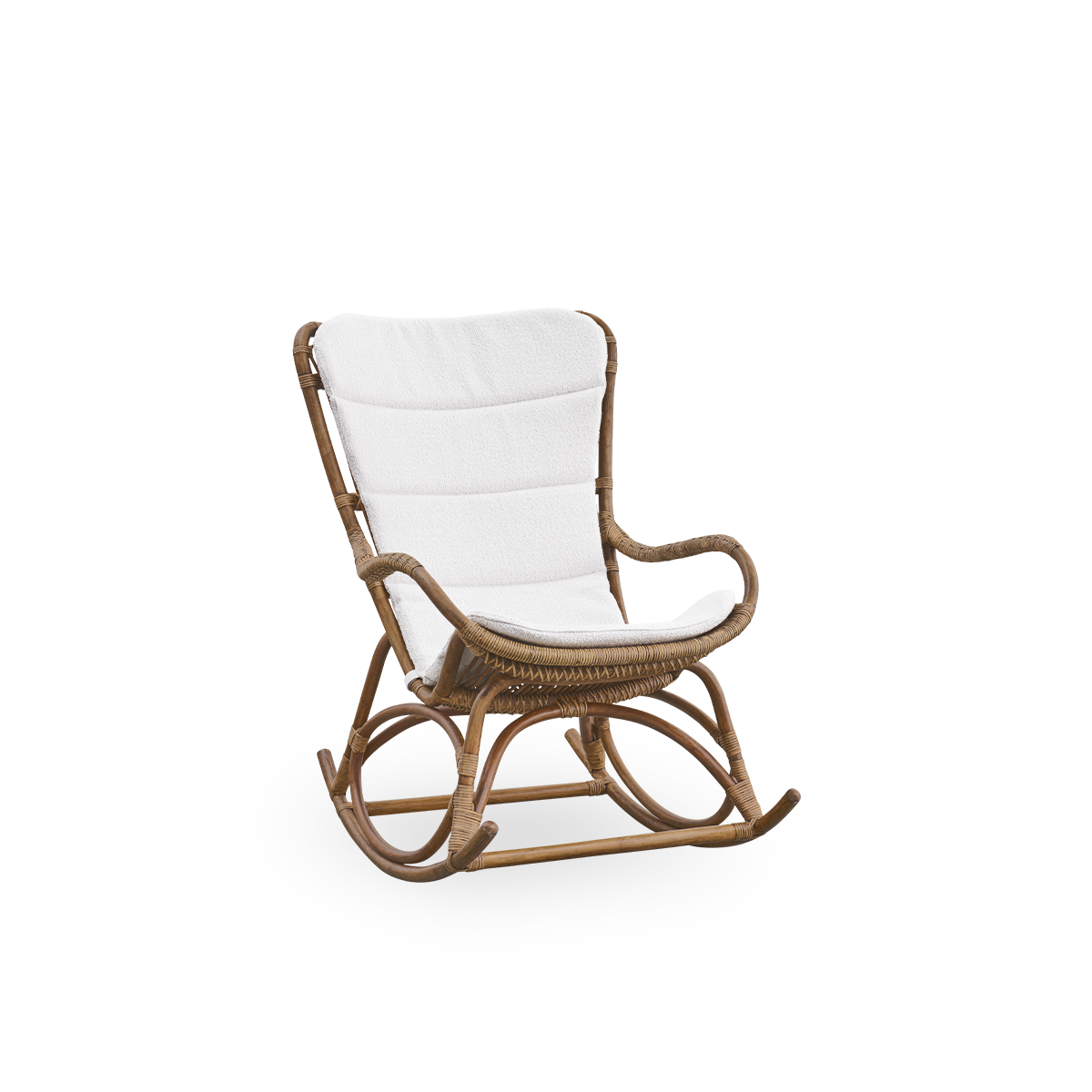 Side view of Monet rocking chair with high backrest and armrests presented in Antique brown color. Handcrafted from high-quality Indonesian rattan.