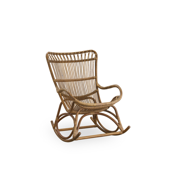 Side view of Monet rocking chair with high backrest and armrests presented in Antique brown color. Handcrafted from high-quality Indonesian rattan.