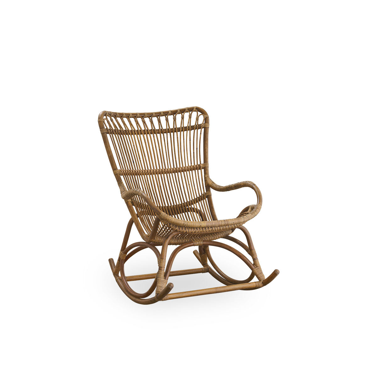 Side view of Monet rocking chair with high backrest and armrests presented in Antique brown color. Handcrafted from high-quality Indonesian rattan.