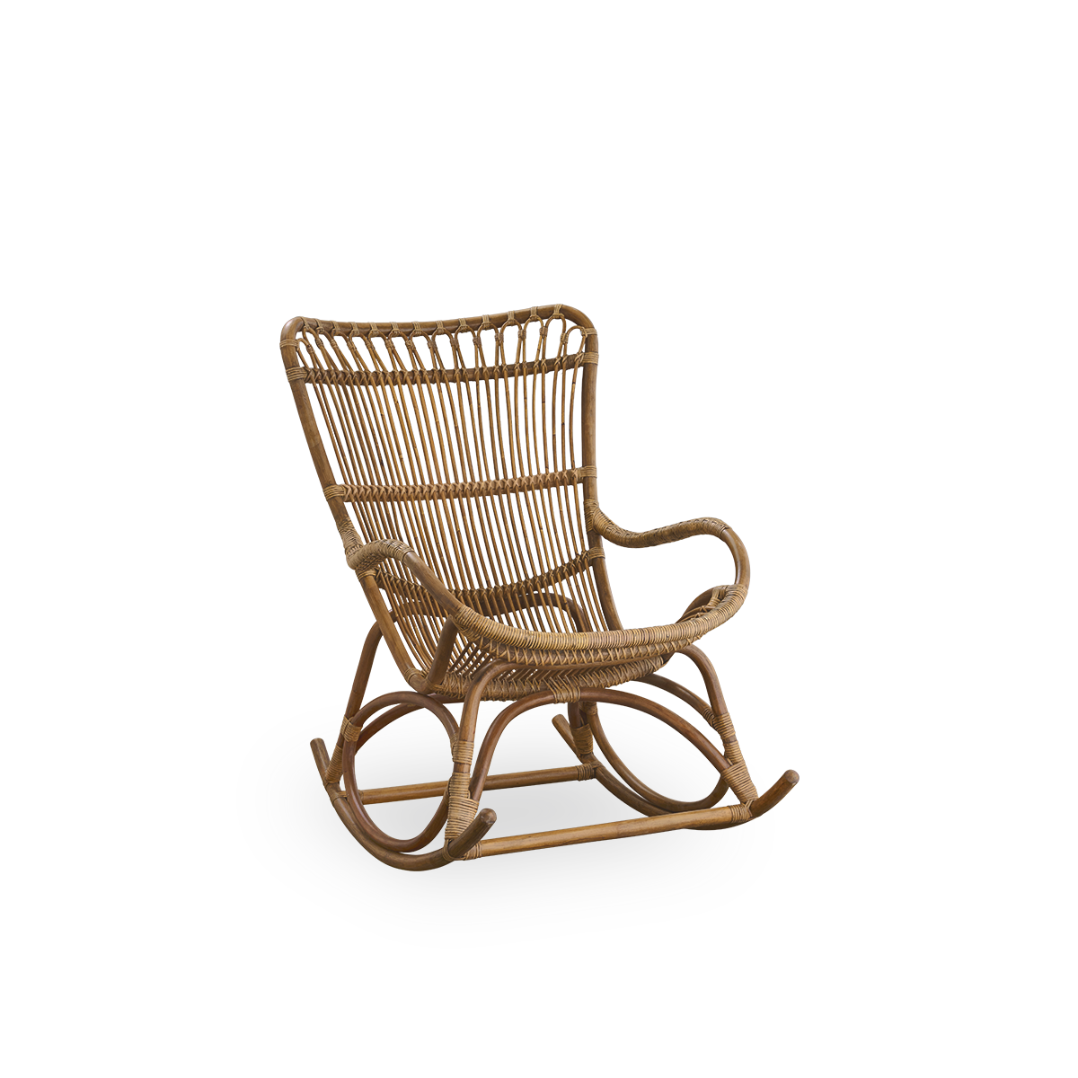 Side view of Monet rocking chair with high backrest and armrests presented in Antique brown color. Handcrafted from high-quality Indonesian rattan.