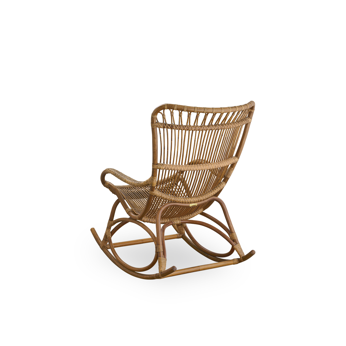 Back side view of the Monet rocking chair with high backrest and armrests presented in antique brown color.
Handcrafted from high-quality Indonesian rattan.