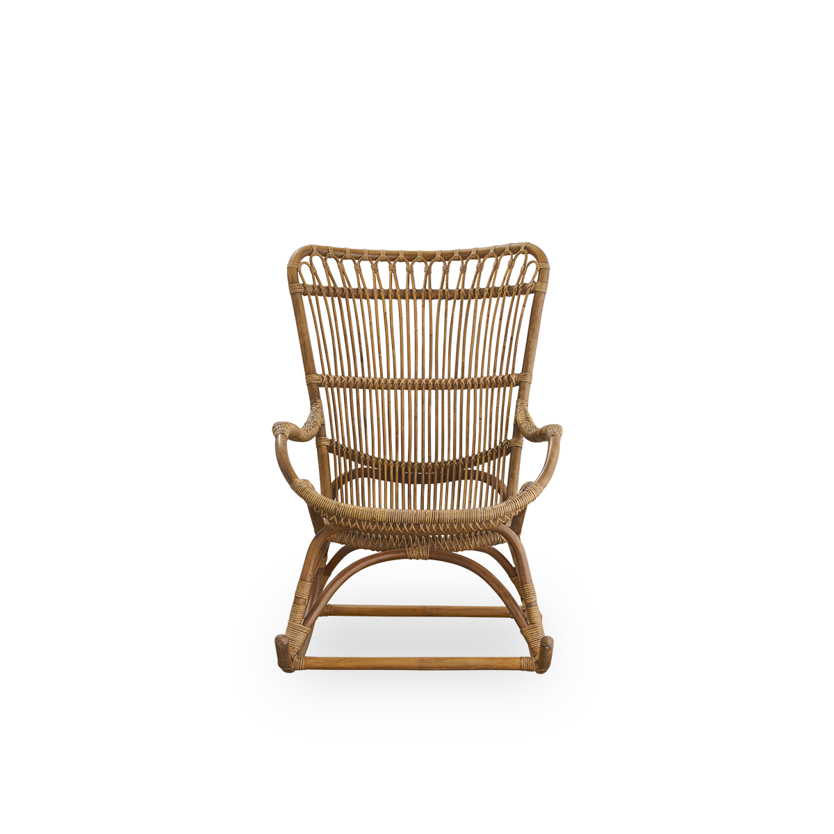 Front view of the Monet rocking chair with high backrest and armrests presented in antique brown color.
Handcrafted from high-quality Indonesian rattan.