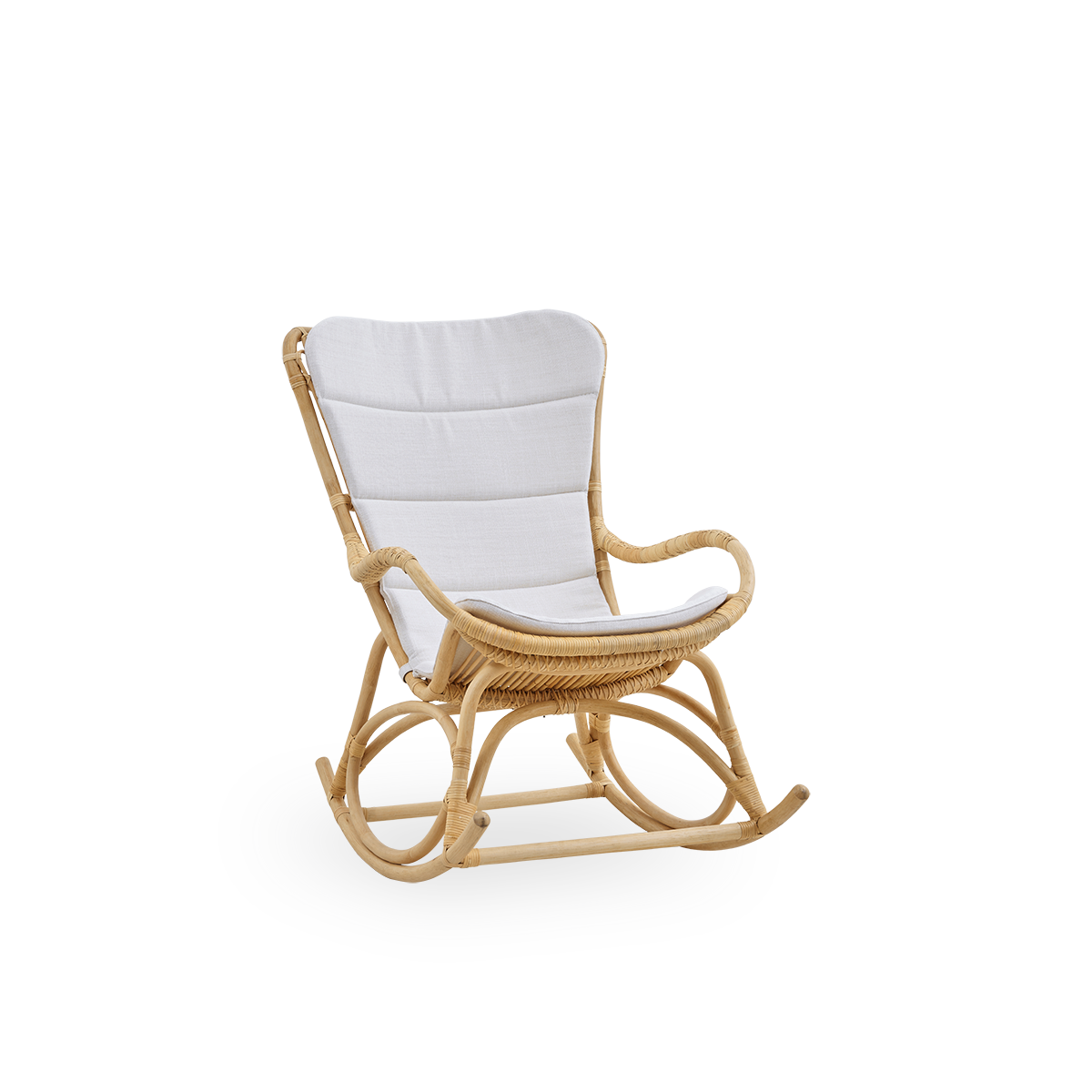 Side view of Monet rocking chair with high backrest and armrests presented in natural rattan. Handcrafted from high-quality Indonesian rattan.