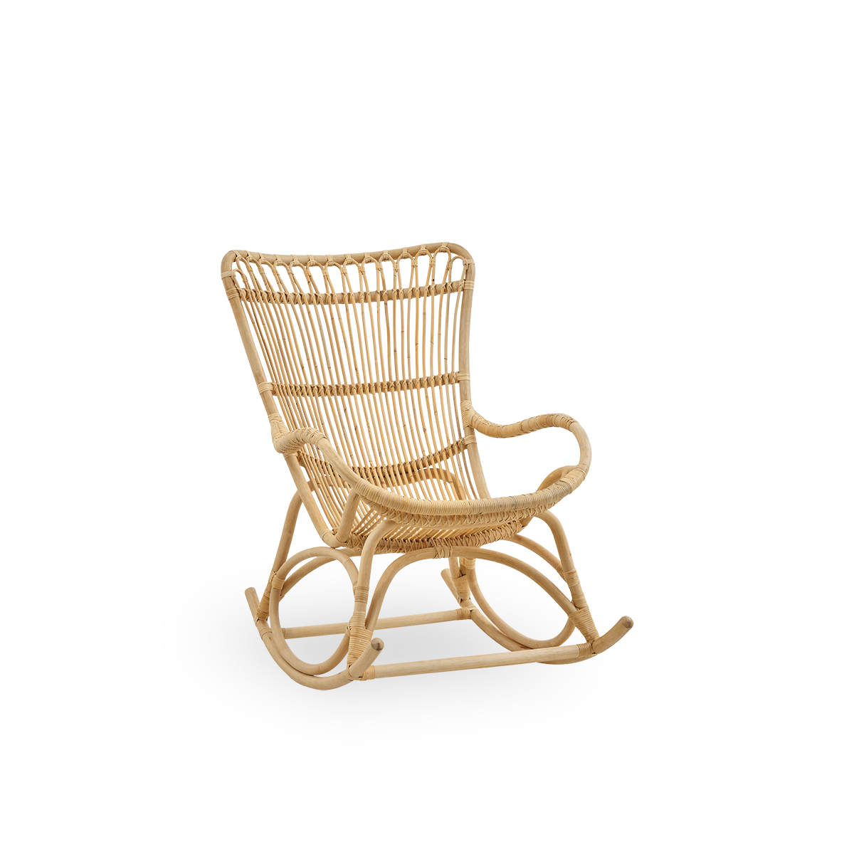 Side view of Monet rocking chair with high backrest and armrests presented in natural rattan. Handcrafted from high-quality Indonesian rattan.