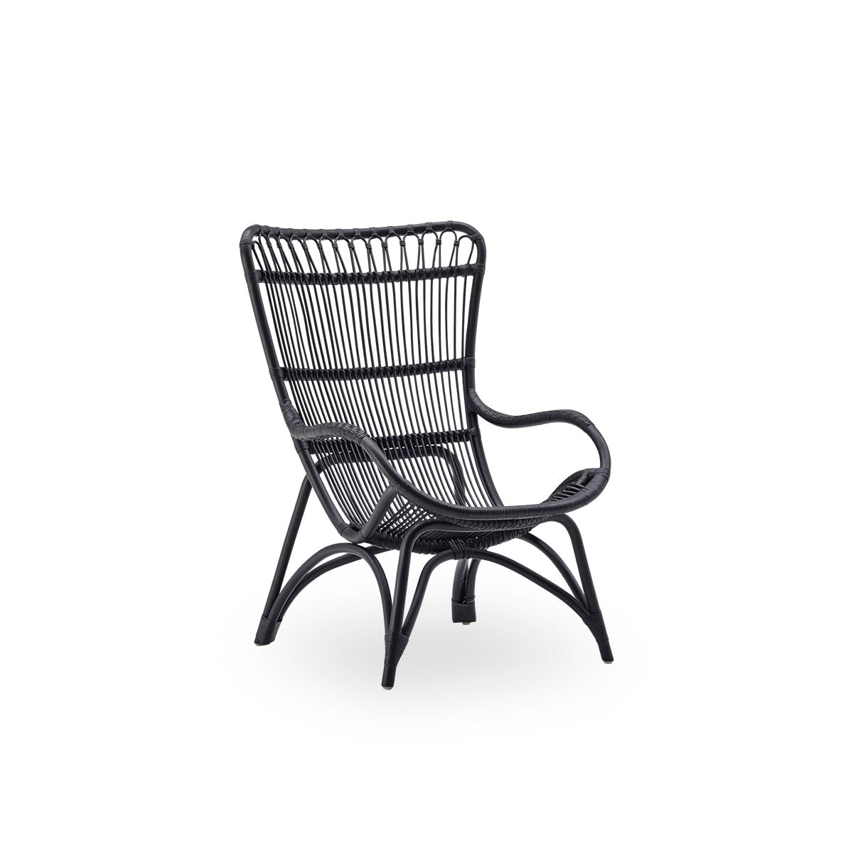 Side view of Monet lounge chair with high backrest and armrests presented in black color. Handcrafted from high-quality Indonesian rattan.