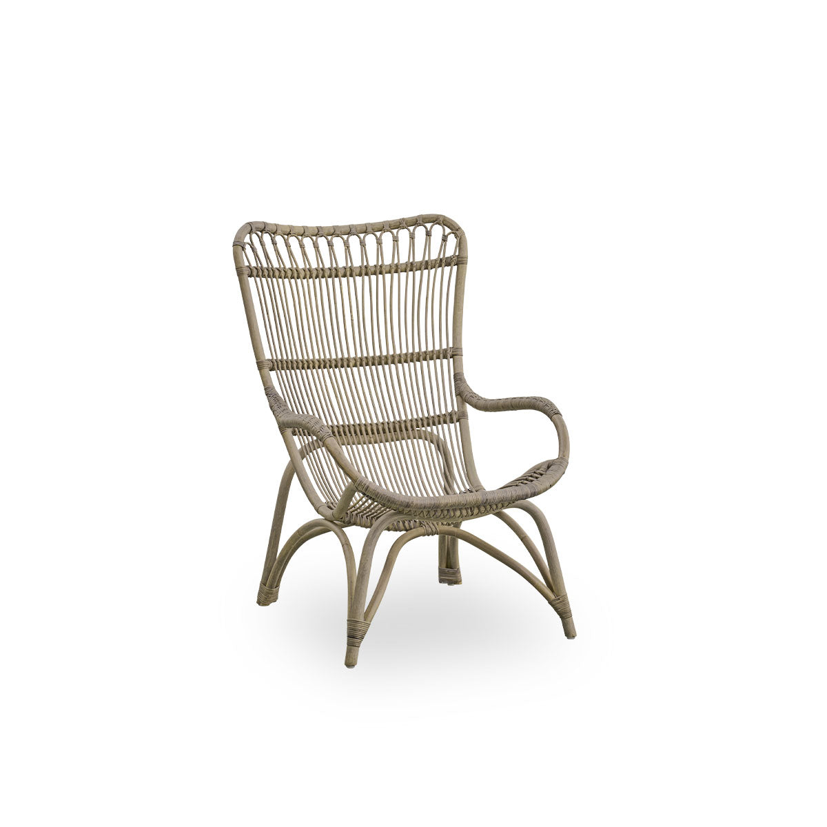 Side view of Monet lounge chair with high backrest and armrests presented in Taupe color. Handcrafted from high-quality Indonesian rattan.