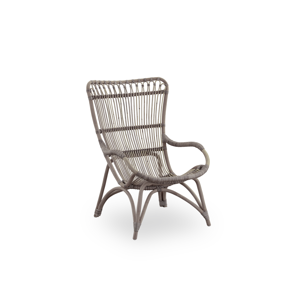 Side view of Monet lounge chair with high backrest and armrests presented in Taupe color. Handcrafted from high-quality Indonesian rattan.