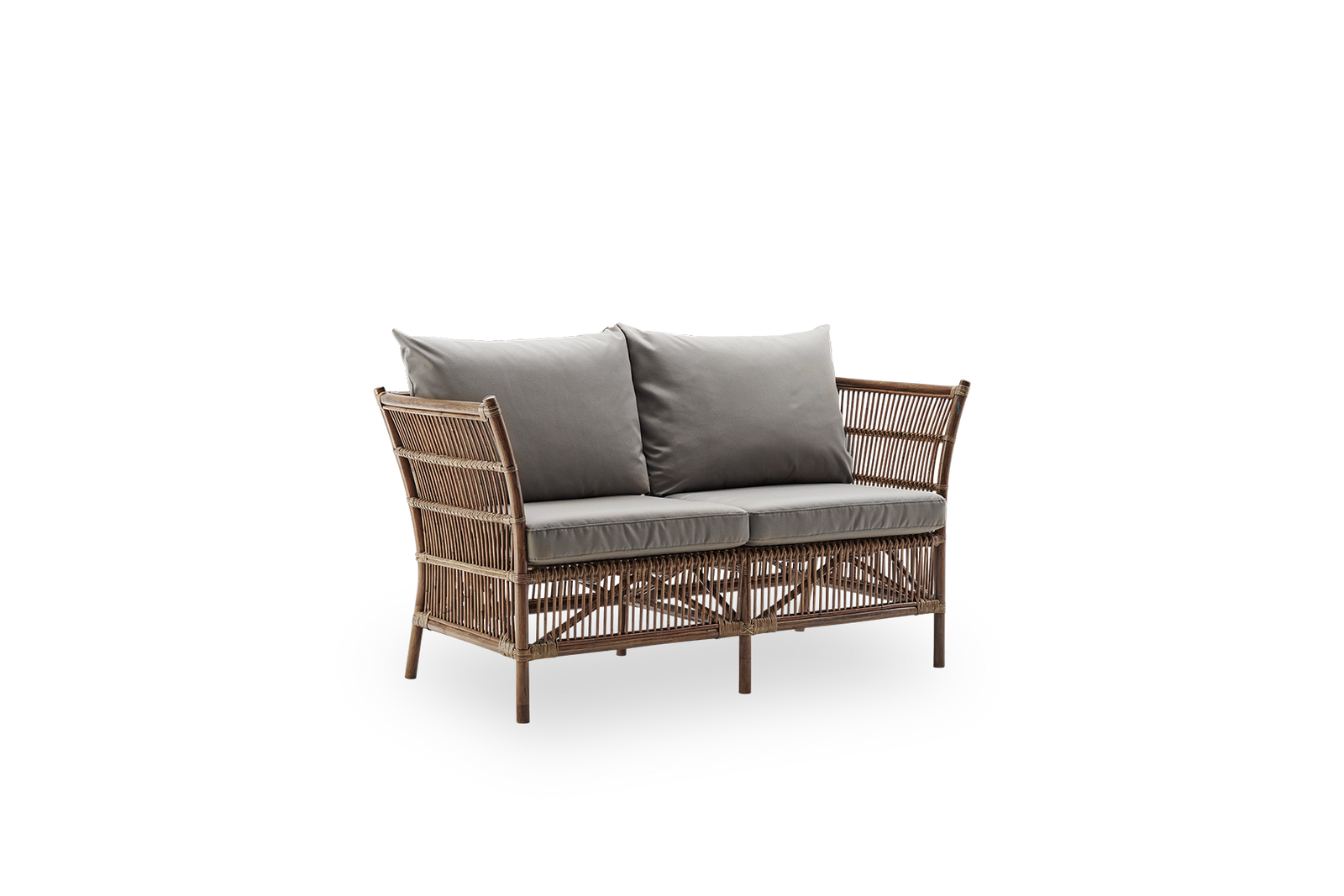 Side view of Donatello 2-seater wicker sofa in Antique brown color. The sofa has a boxy design with strict lines handcrafted from high-quality Indonesian rattan.