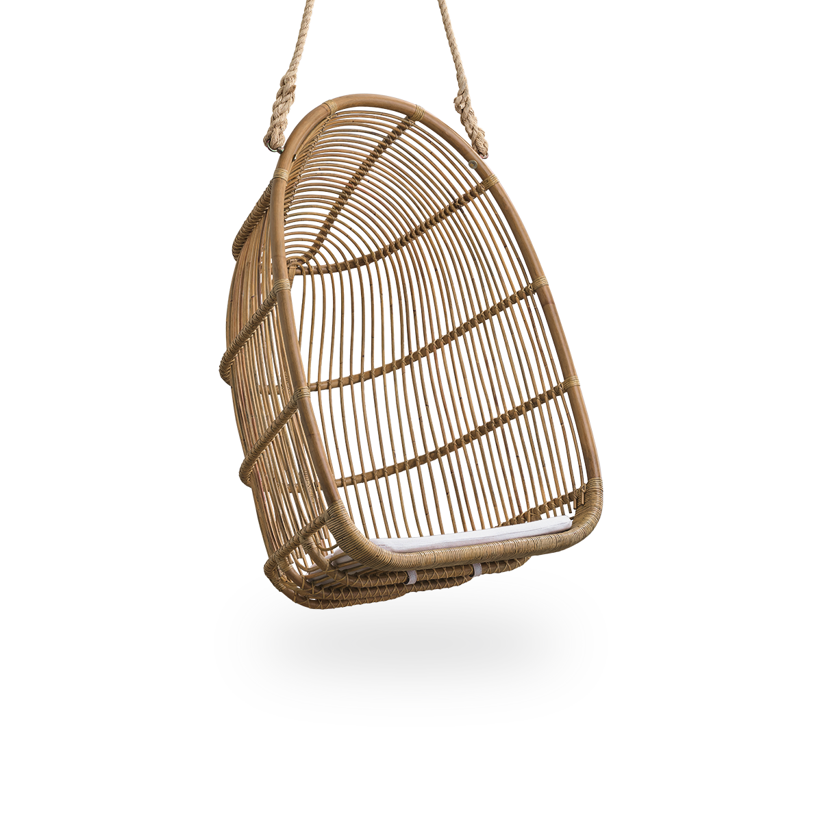 Side view of Renoir hanging chair in Antique brown color handcrafted in high quality rattan. Soft, embracing shape suspended with strong rope.