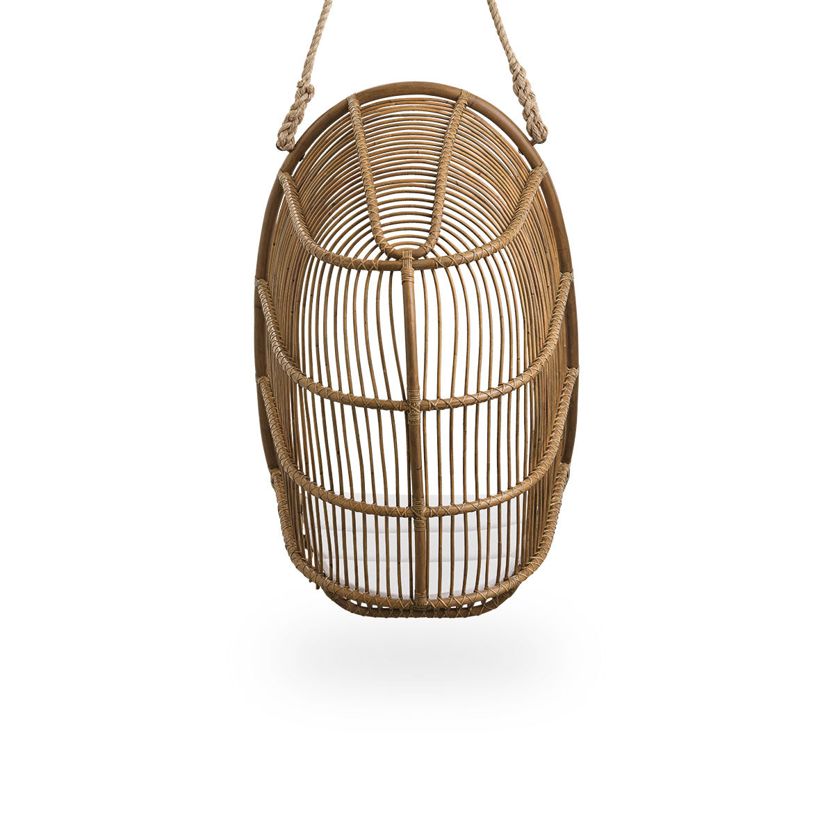 Plain back view of Renoir hanging chair in Antique brown color handcrafted in high quality rattan. Soft, embracing shape suspended with strong rope.