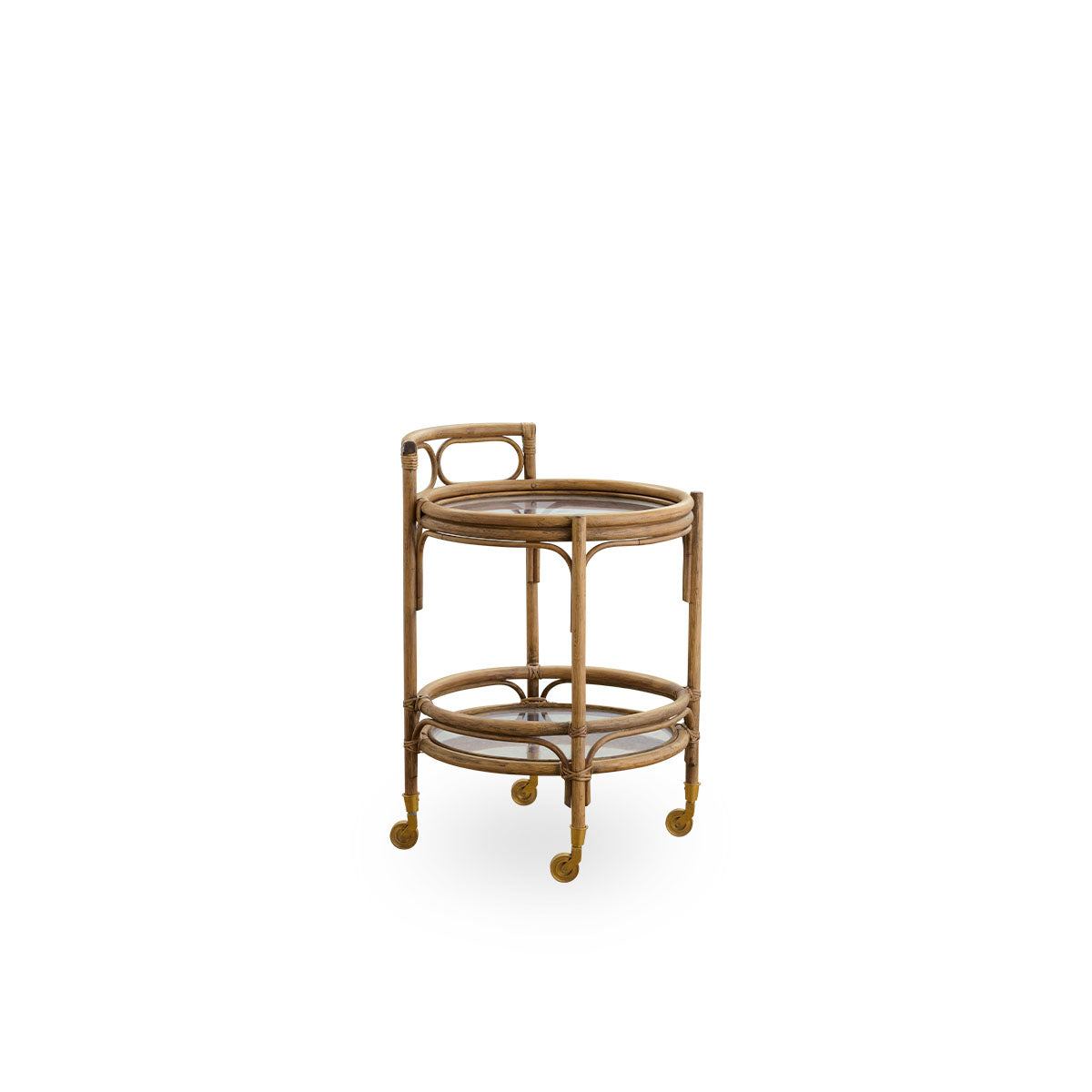 Side view of Romeo rattan trolley in Antique brown color, versatile as bar cart, plant table, kitchen side table or bedside table. Handcrafted from high-quality Indonesian rattan.