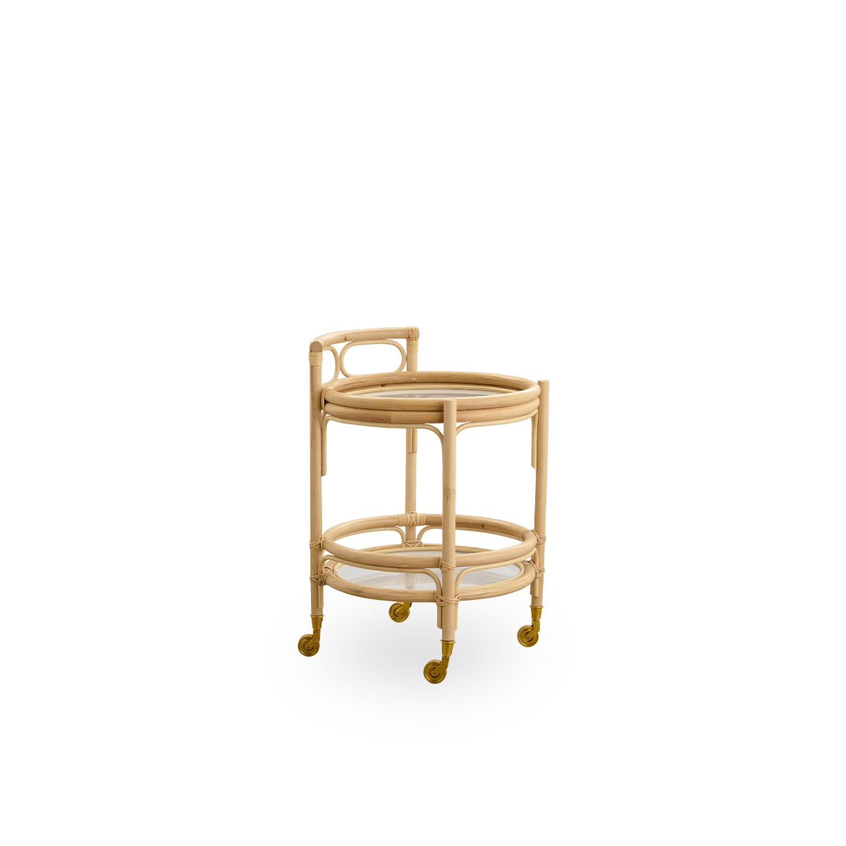 Side view of Romeo rattan trolley in Natural color, versatile as bar cart, plant table, kitchen side table or bedside table. Handcrafted from high-quality Indonesian rattan.