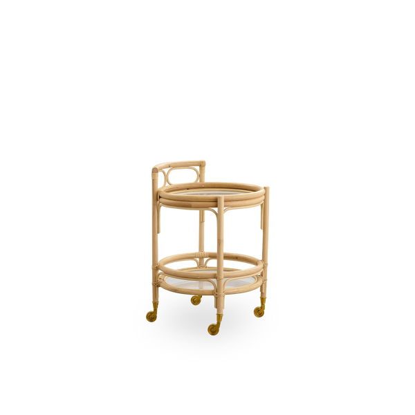 Side view of Romeo rattan trolley in Natural color, versatile as bar cart, plant table, kitchen side table or bedside table. Handcrafted from high-quality Indonesian rattan.